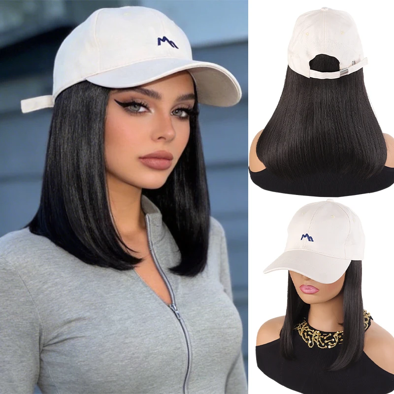 Casquette de baseball beige avec cheveux synthétiques raides mi-longs – Chapeau perruque intégré pour femme, style bouclé naturel vers l'intérieur, E
