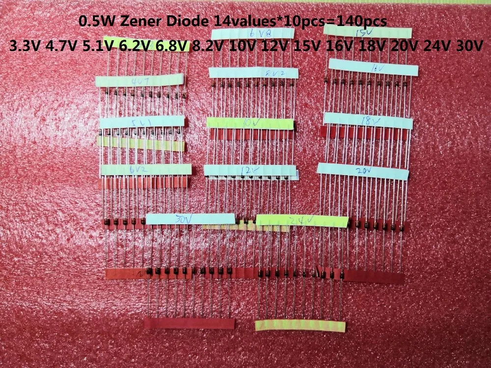 1/2w 1W 3.3 To 30V  14values*10pcs=140pcs 0.5W Zener Diode Kits  Assorted Set Electronic Diy Assortment Kit 4.7V 5.1V Free Ship