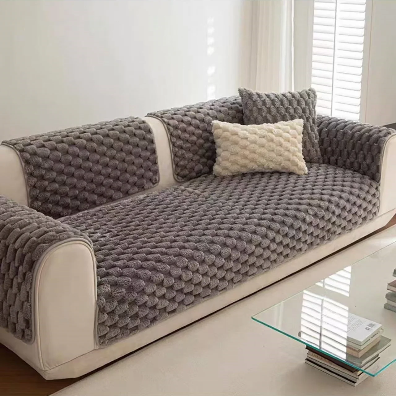Warmer, getuffener Fleece-Sofabezug mit geschwungenen Linien, Jacquard-Sofabezug mit rutschfester Rückseite für Wohnzimmer, Couch-Schonbezüge, Herbst-/Winter-Dekoration