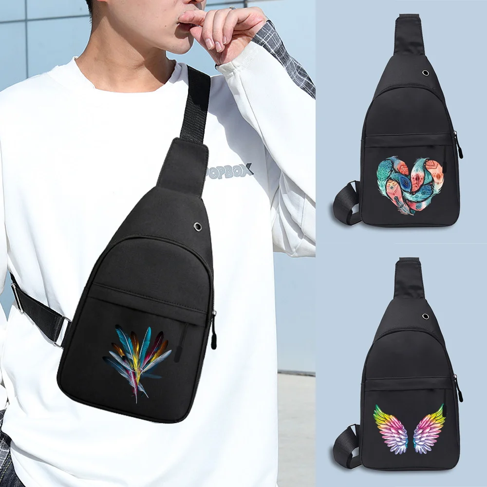 Crossbody Chest Bag Men Shoulder Bags USB Charging Cable Hole Male Anti Theft Sports Chest Bags Messengers Pack Feather Pattern