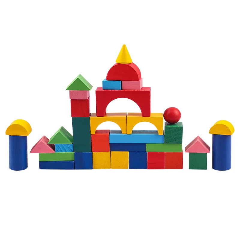 34 Pcs Kinderen Geometrische Houten Speelgoed Diy Kasteel Gekleurde Houten Bouwstenen Vroege Educatief Speelgoed Voor Kinderen