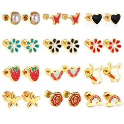 New Lovely Coloful Animal Flower Stud Earrings For Women Girls Stainless Steel Dumbbell Screw Anti-allergy Jewelry Gifts