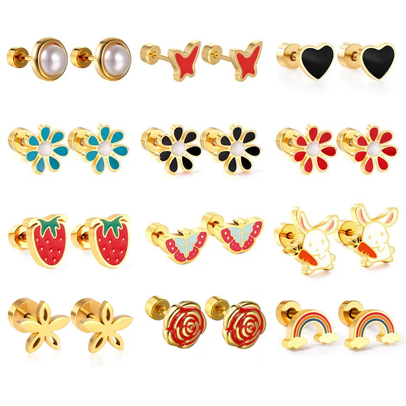 New Lovely Coloful Animal Flower Stud Earrings For Women Girls Stainless Steel Dumbbell Screw Anti-allergy Jewelry Gifts