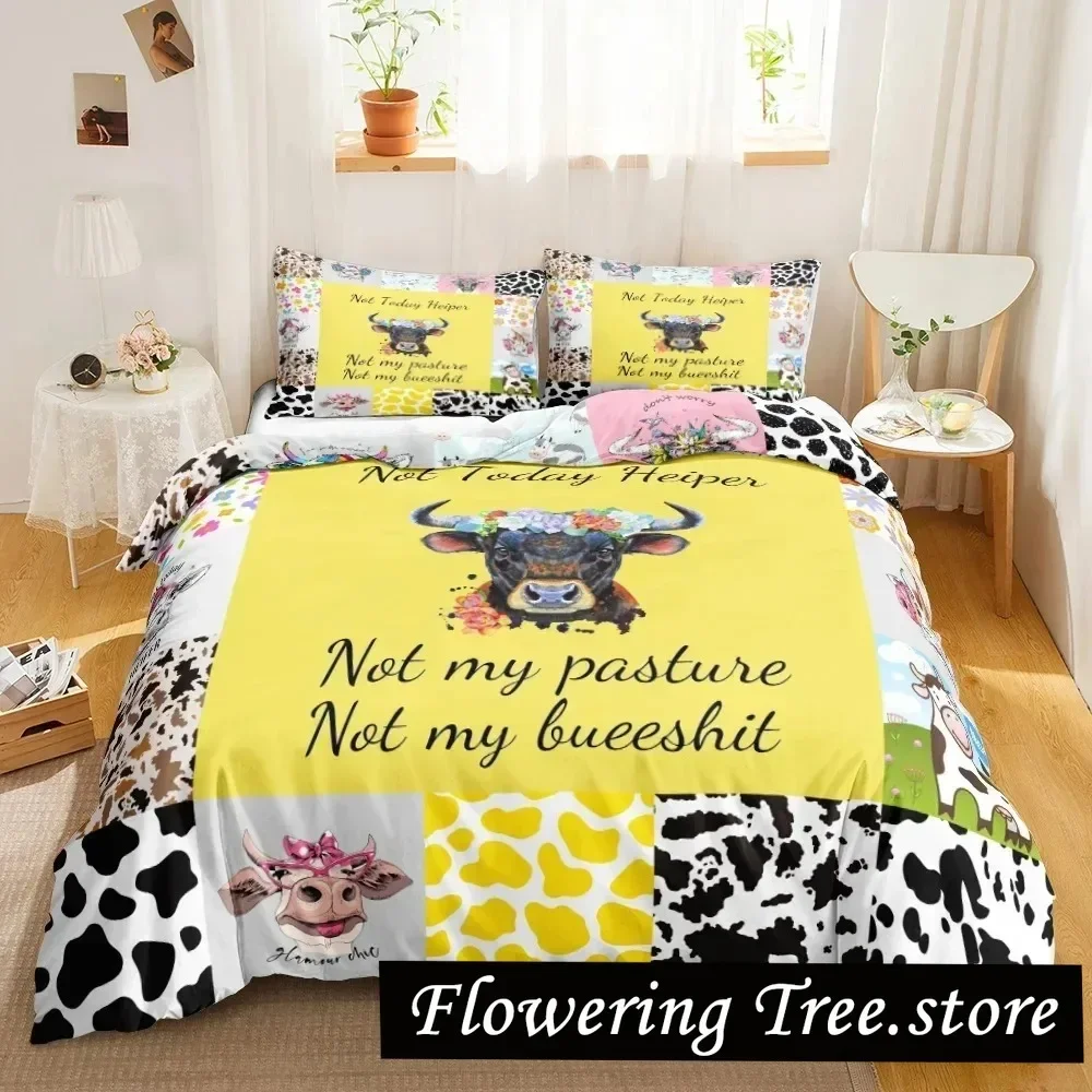 Cow Print Duvet Cover Animal Cow Doodle Cartoon Drawing Farming Husbandry Sunflower Polyester Bedding Set Twin Queen King Size