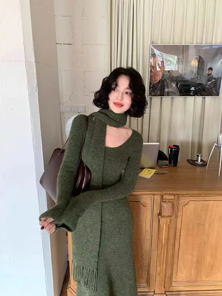 Robe mi-longue tricotée Vintage Y2K, Slim avec écharpe, manches longues, Streetwear coréen, Chic, assortie avec tout, automne