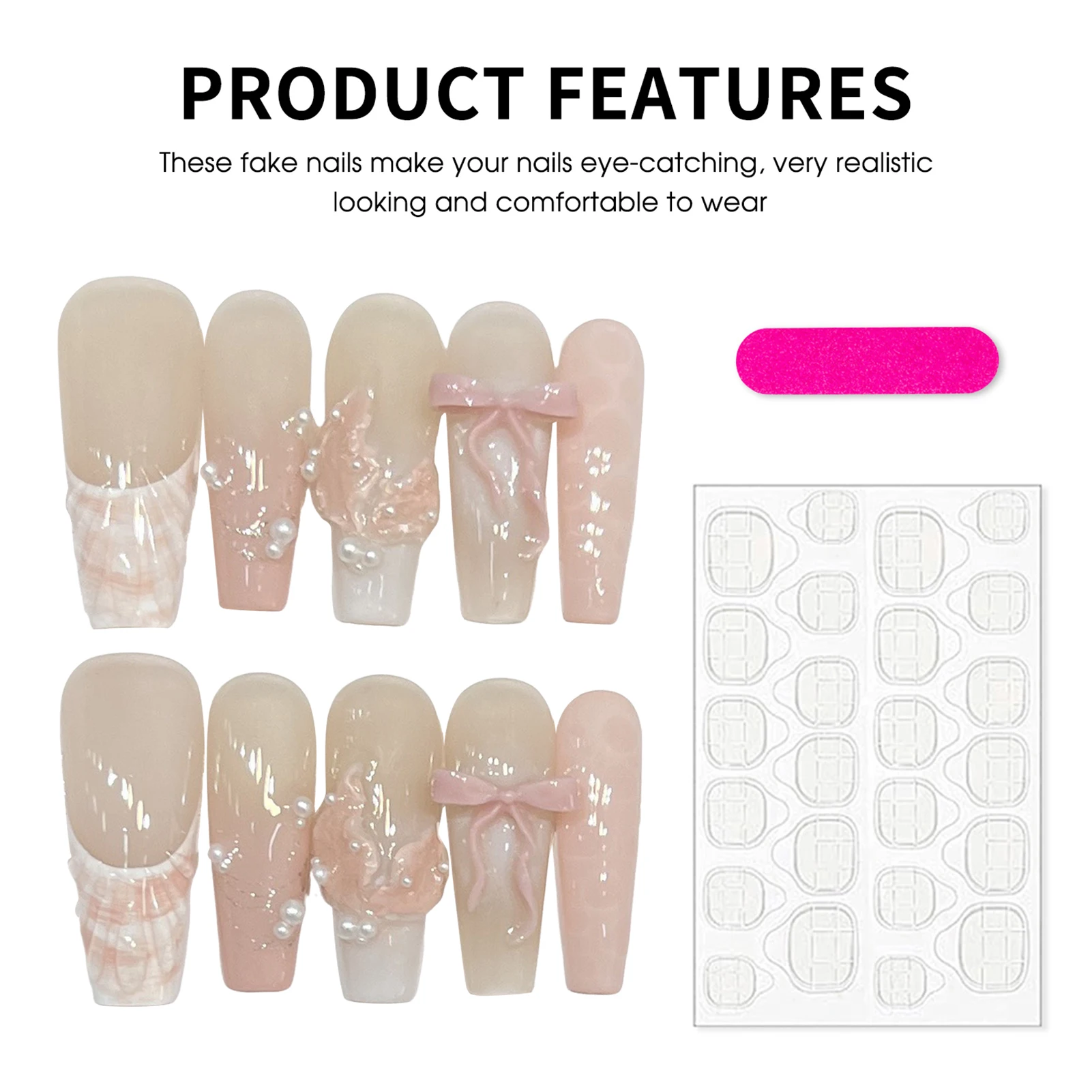 طويل راقصة الباليه الأظافر وهمية 10 قطعة الأظافر اليدوية اضغط على عارية الوردي الفرنسية الأظافر كاذبة بقع Bowknot ذيل السمكة اللؤلؤ المصممين #2