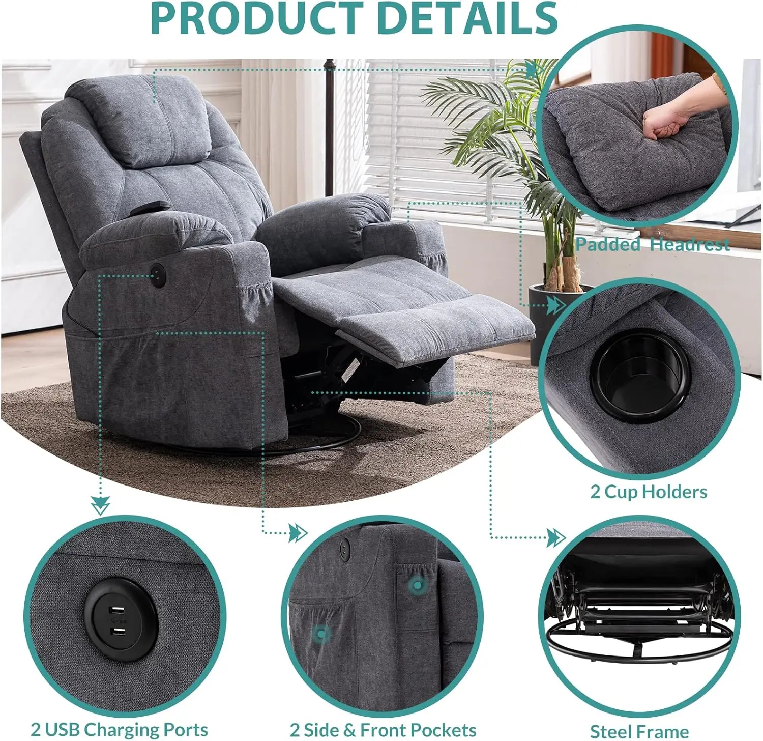 Swivel Rocker Massage Recliner Chair with Heat Ergonomic, Manual Glider Rocking Recliner Chair