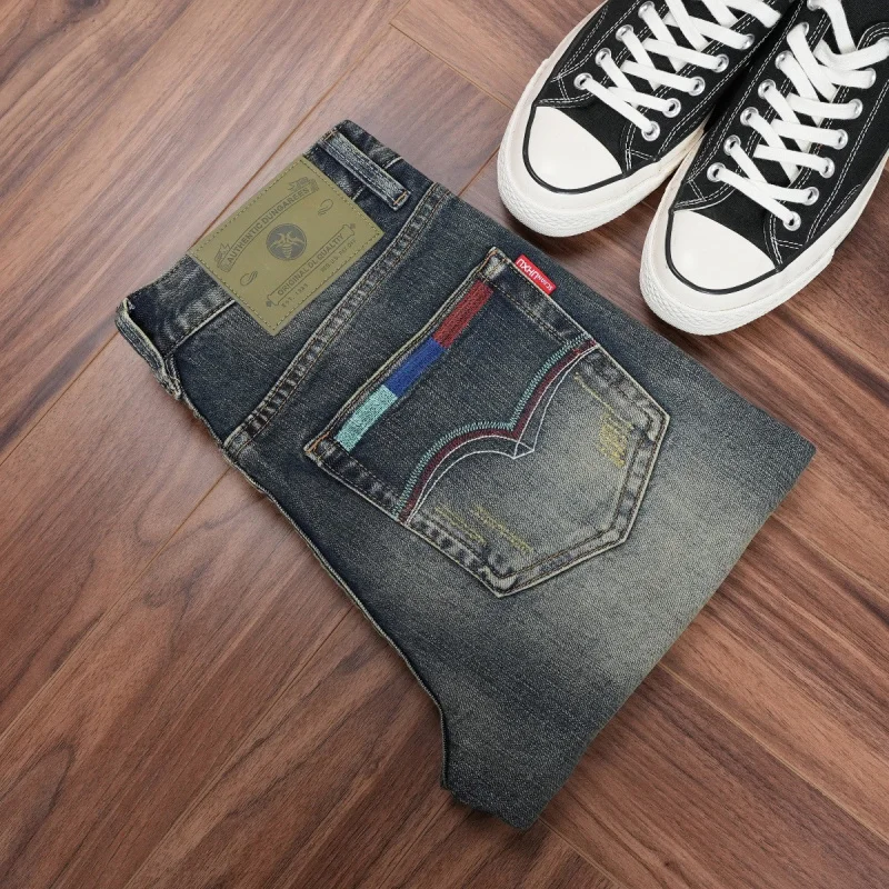

Autumn New Classic Embroidered Men's Pants, Washed Denim Jeans, Vintage Blue, Slightly Stretchy, Slim Fit, Straight Leg, Trendy