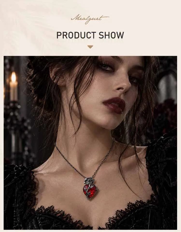 Schwarze Rosen-Herz-Halskette für Damen, Halskette mit rotem Kristallblumen-Anhänger, romantischer Punk-Stil, Schmuck, Valentinstagsgeschenk – Detail 1