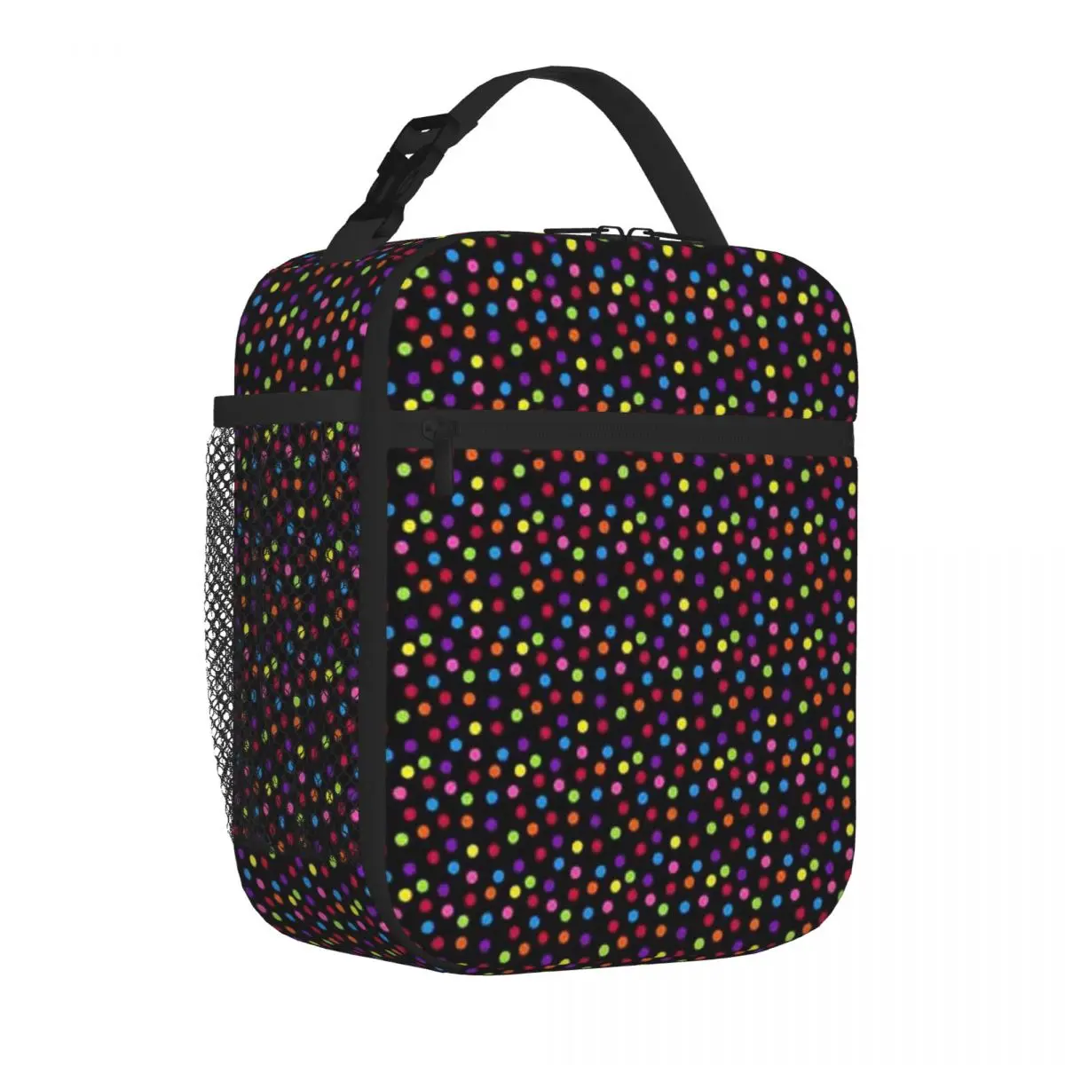 Bestselling Black Rainbow Multi-color Confetti Polka Dot Graphic Insulated Food Bag Errand Run Meal Bag
