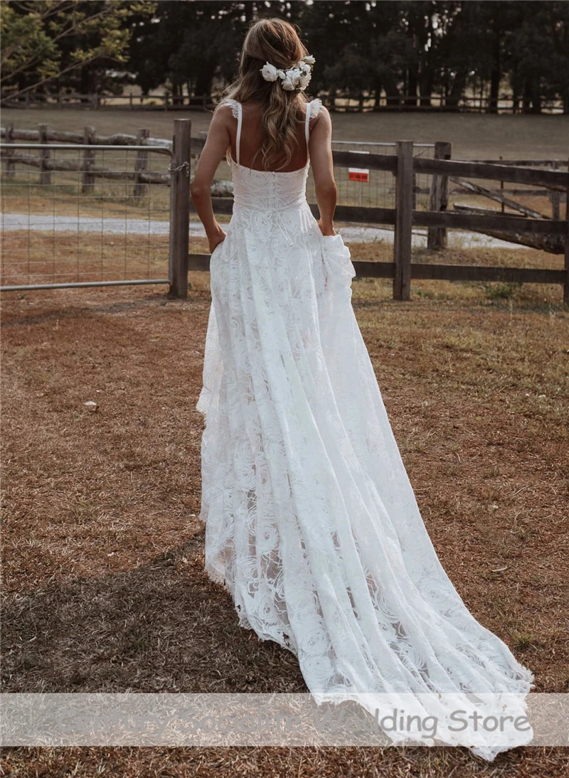 Boho Wedding Dresses for Women Bride 2025 A Line Lace Straps Backless Sweep Train Rustic Garden Bridal Gowns Customized