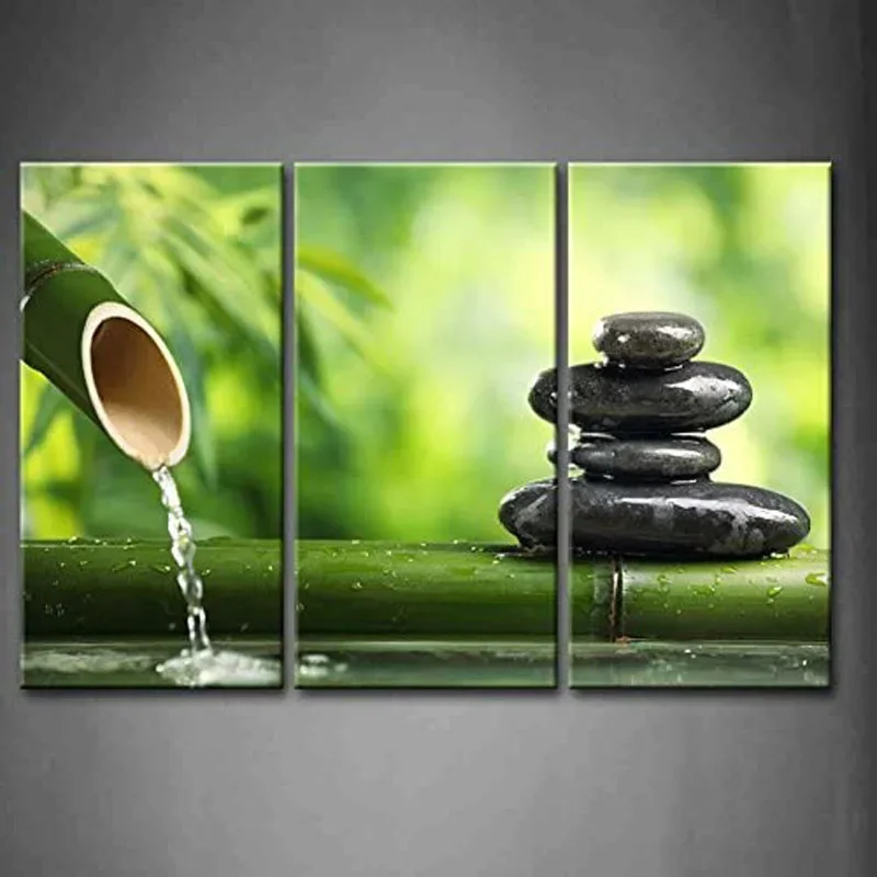 3 Piece Green Spa Bamboo Fountain Zen Stone Posters HD Canvas Wall Art Pictures Accessories Paintings Home Decor Room Decoration
