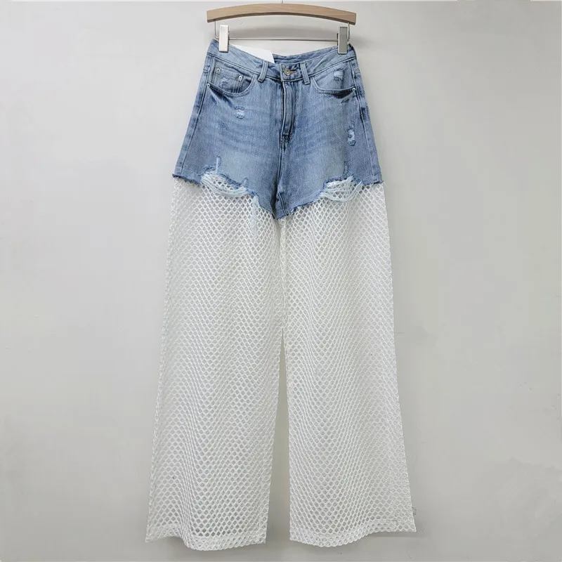 DEAT Women's Jeans High Waist Hollow Out Splicing Grid Mesh Broken Holes Wide Leg Denim Pants 2025 New Fashion Spring 29L9469