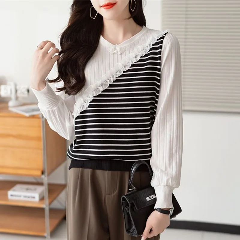 New Spring Fashion Korean Edition Colorblock Stripe Round Neck Loose and Versatile Western Women's Knitted Long Sleeve Sweater