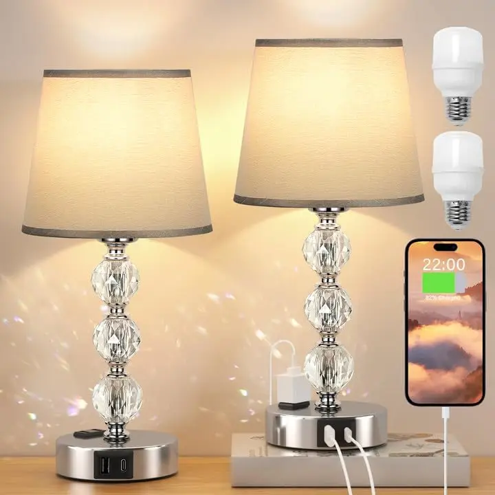 

Crystal Table Lamp Set of 2 with USB Ports & Touch Control, Modern Bedside Lighting for Home Decor