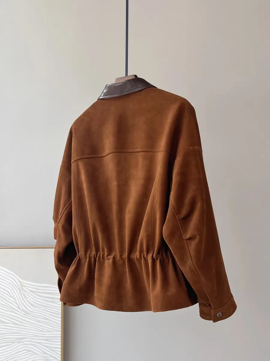 여성을위한 레트로 정품 키드 스웨이드 가죽 자켓 칼라 포켓 탄성 drawstring 셔츠와 100% 양피 슬림 피트 코트