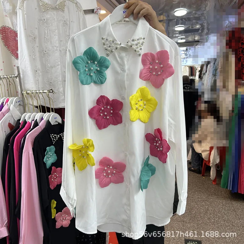 Pesado frisado strass camisa feminina bela flor 3d decoração solta casual na moda marca blusa 2025 outono novas blusas