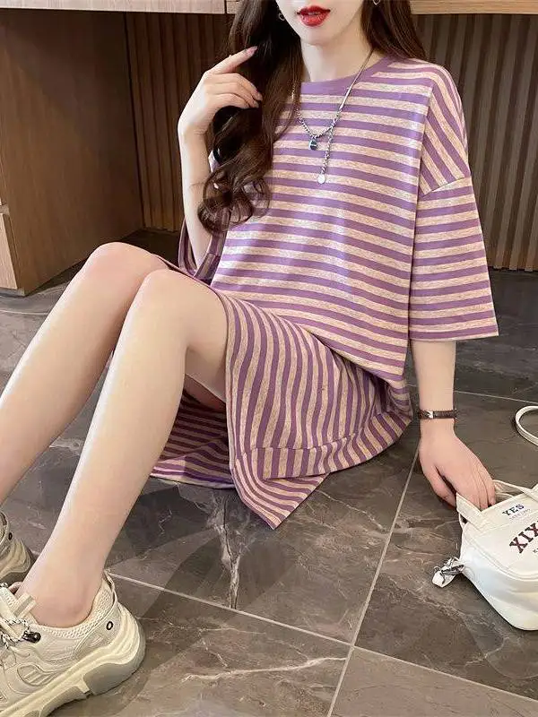 トレンディな韓国スタイルの女性の綿混紡ストライプルーズフィットミディドレス半袖tシャツドレスプラスサイズ夏のファッション