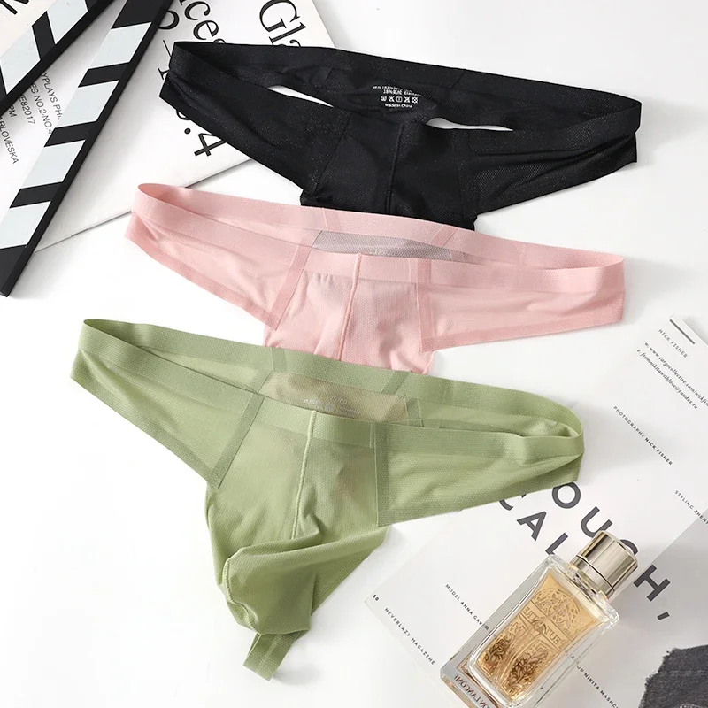 3 PCS Low Waisted Underwear For Men Briefs In Summer Quick Drying Breathable T Pants Ice Silk Seamless Thong