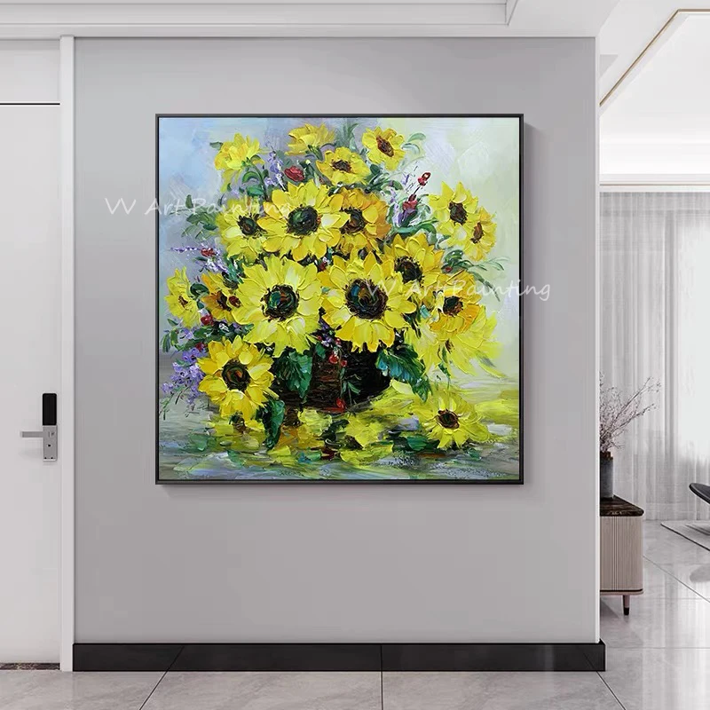 100% Handmade sunflower yellow plant beautiful landscape Oil Painting Living Room Bedroom Wall Art Home Decor No Frame