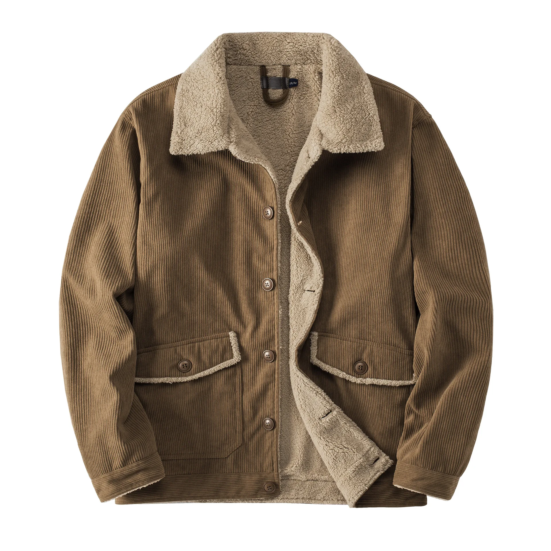 Men's Corduroy Fleece Thickened Jacket Large Size Top Solid Color Lapel Loose Lamb Fleece Jacket