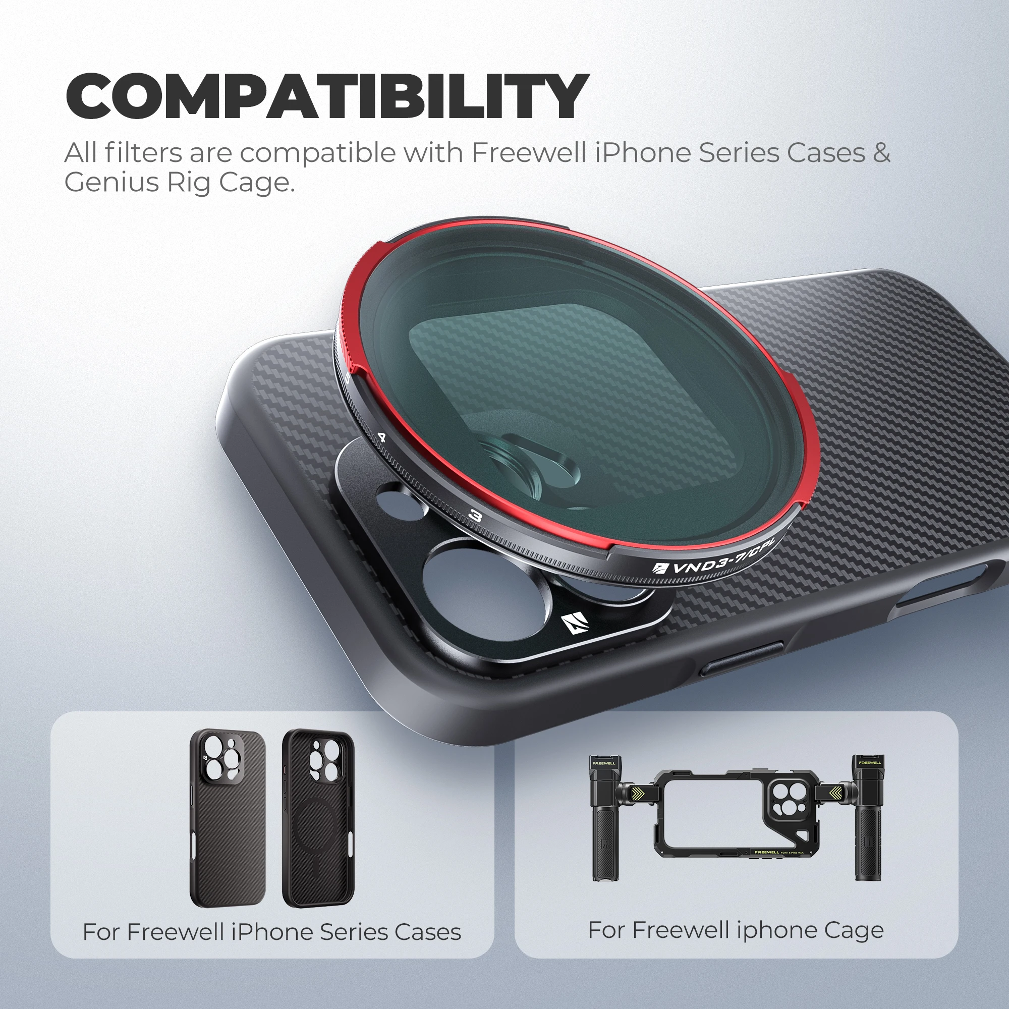 Freewell Sherpa VND/CPL Filter 3–7 Stops, kompatibel mit Freewell iPhone Series Hüllen und Genius Rig Cage Fotografie-Zubehör
