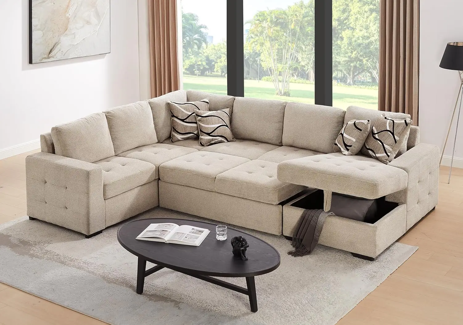 Sectional Sleeper Sofa with Pull Out Bed and Storage Chaise, U Shape Sectional Sofa Bed, Oversized Sectional Sleeper Couch