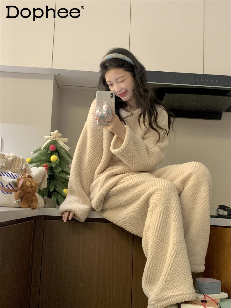 

Зимние теплые пижамы из кораллового флиса для женщин, 2024, корейский стиль, простая однотонная плюшевая верхняя одежда, комплект домашней одежды, осень