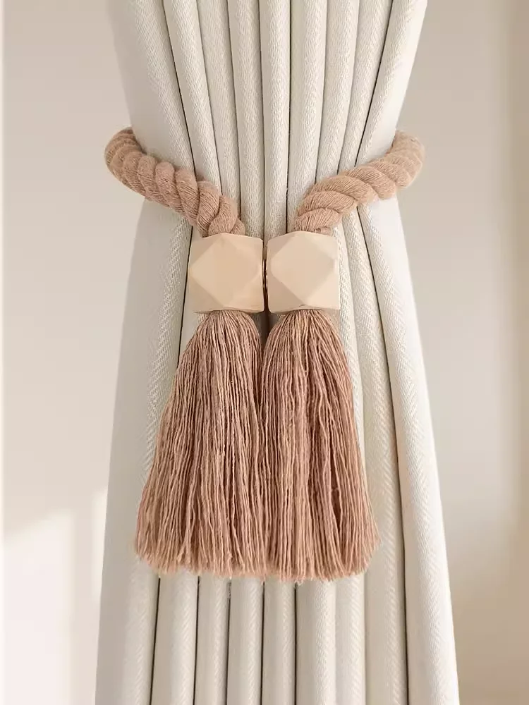 Hand-woven solid wood cubic knot curtain tiebacks with magnetic clasps, suitable for living room and bedroom home decoration.