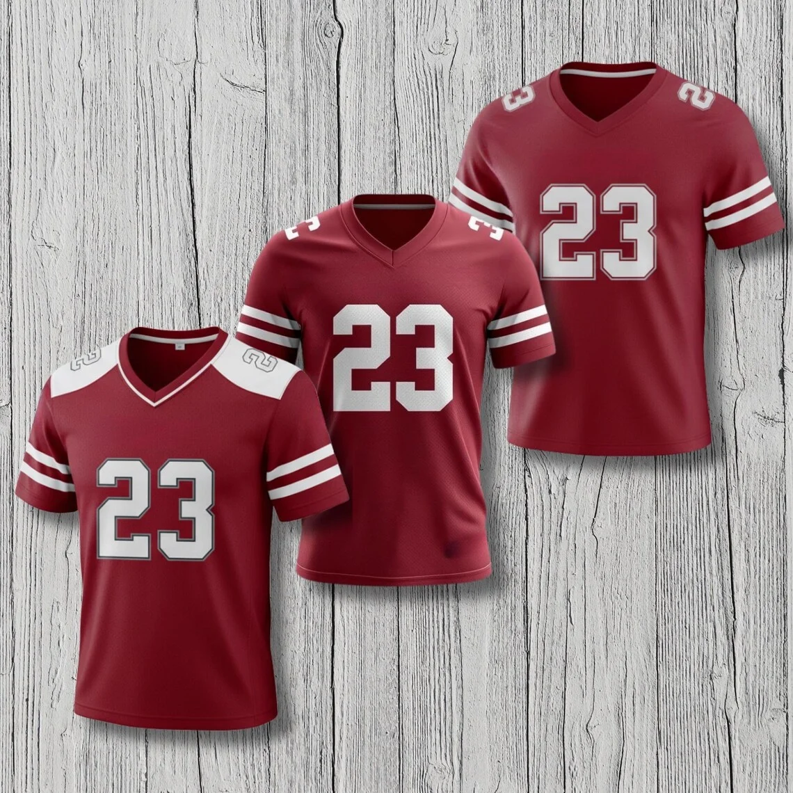 Custom Football V Neck Jersey Shirt Red White Number Style Sublimation Unisex Fan Tee Personalized Number Game Day Sports Gift