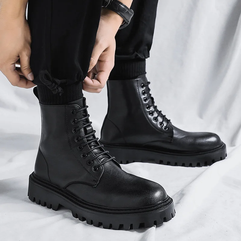 Botas de cuero natural para hombre, de estilo casual, para el trabajo y la oficina, de color negro, con plataforma, de moda, tipo cowboy, para primavera y otoño, elegantes, de caña alta, para hombre.