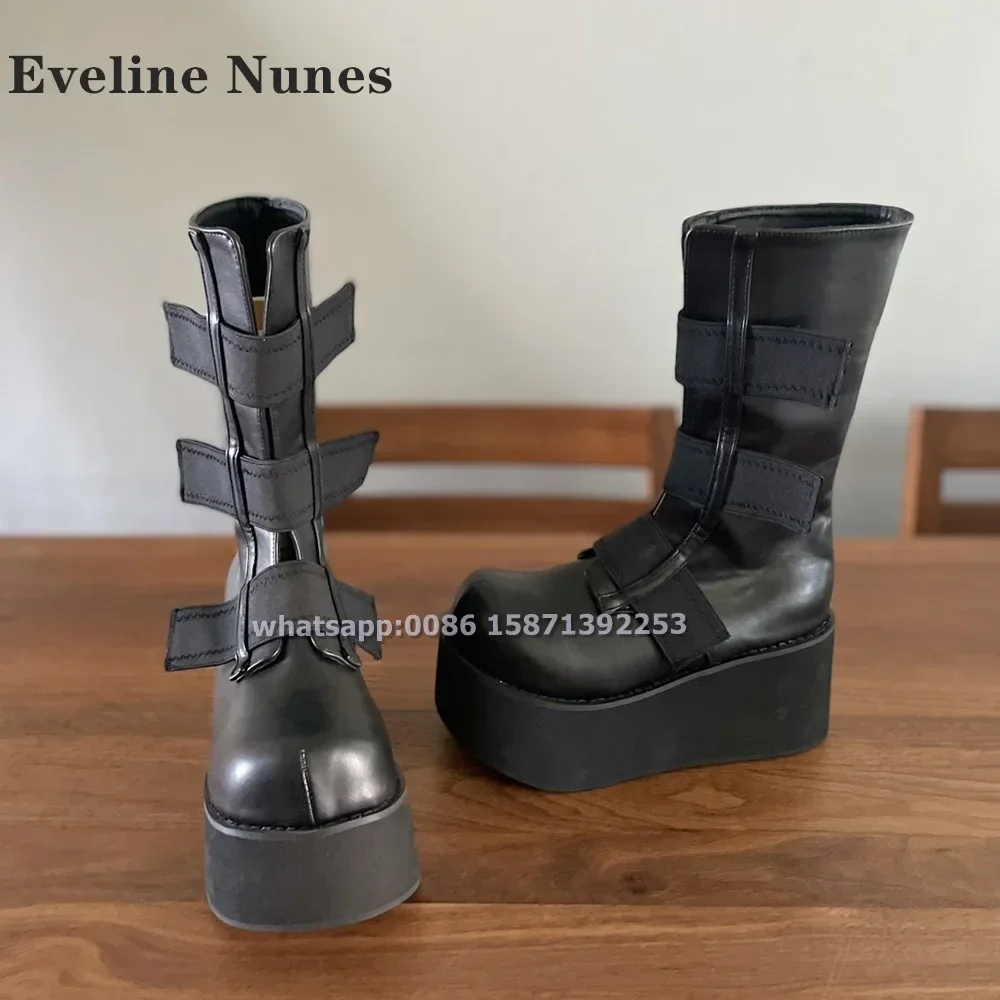 

Big Round Toe Platform Black Ankle Boots Height Increasing Bandage Patchwork Slip On Sleek Modern Booty Punk Cool Dark Shoes