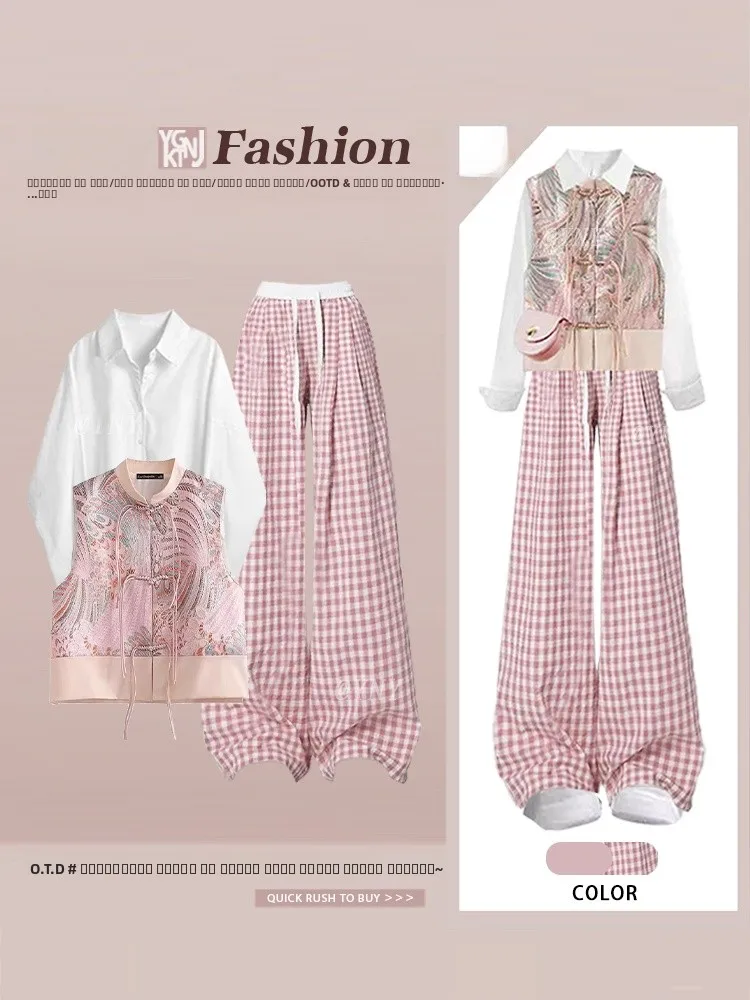 

Новый китайский комплект Sle Faion Long Sve irt, розовый жилет, повседневные брюки в клетку, футболка, комплект Sweet Sle, весна-лето