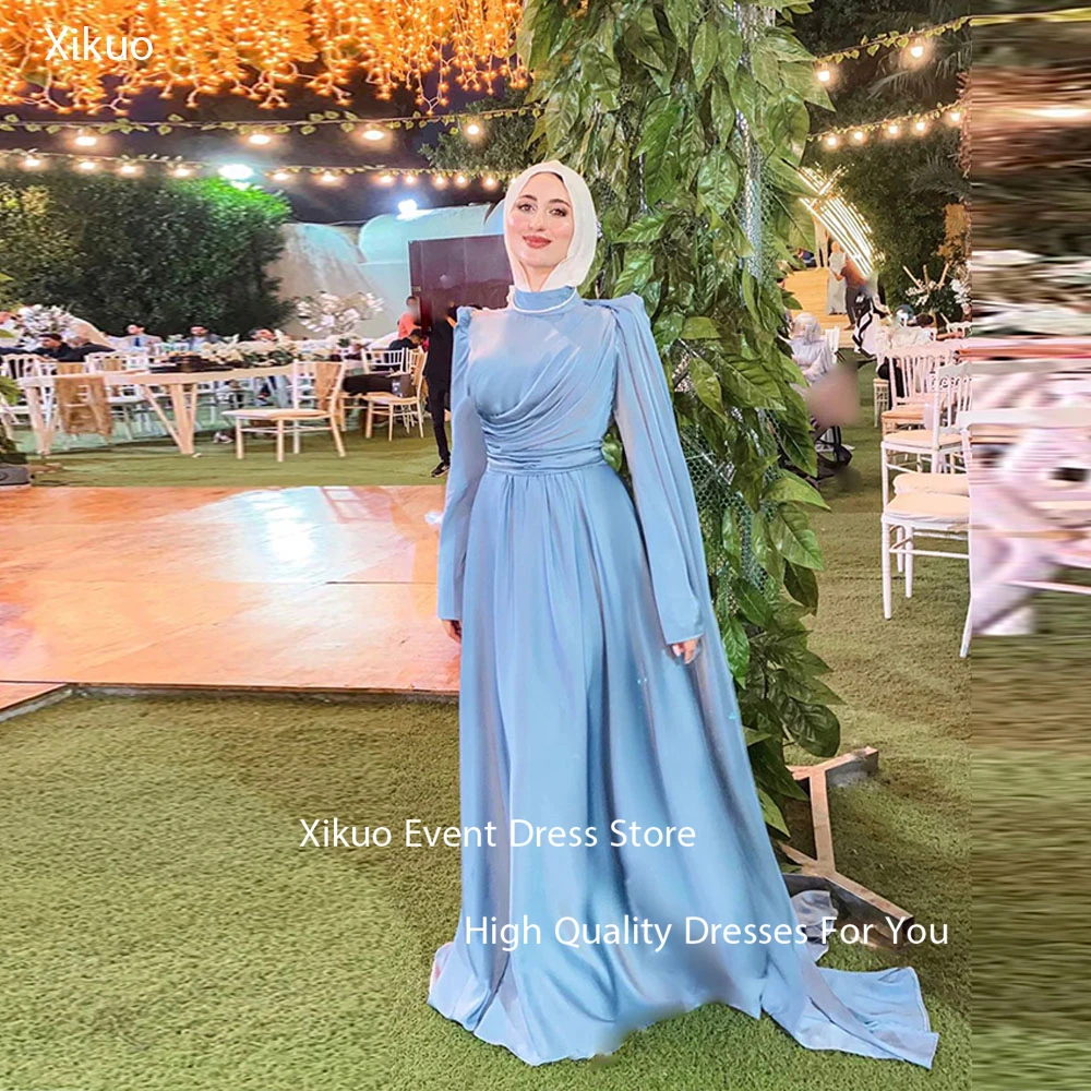 Xikuo modesto azul cetim vestidos de noite verão alta pescoço plissado vestidos cocktail arábia saudita sereia vestido de festa de baile personalizado