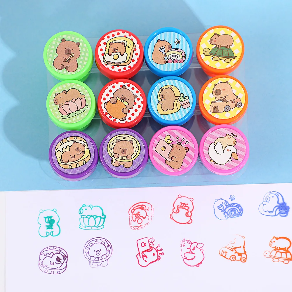 12Pcs Cute Animal Capybara Theme Kapibala Self-ink Stamps Toy for Kids Birthday Party Favors School Rewards Pinata Fillers