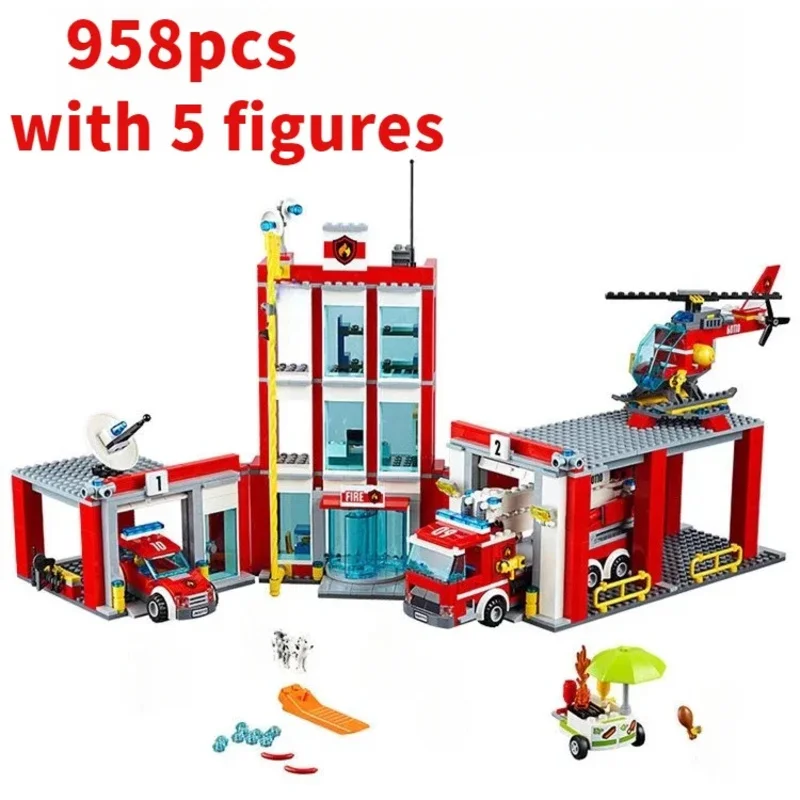 City Fire Station Helicopter Truck Garage Firehouse Building Blocks Set Bricks Compatible 60110 Model Festival Party Gift