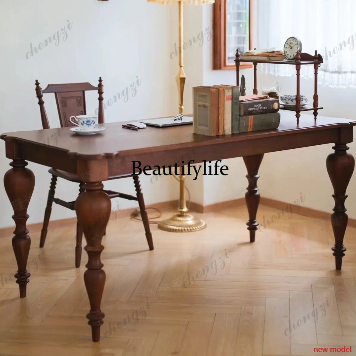 h178French medieval, American solid wood dining table, retro rectangular table, coffee desk