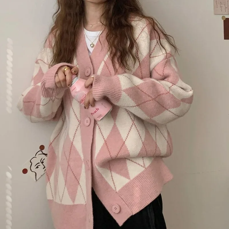 New Spring Autumn Collection Diamond-shaped Sweet Laid-back Style Women's Knitted Cardigan Sweater with Loose Contrasting Colors
