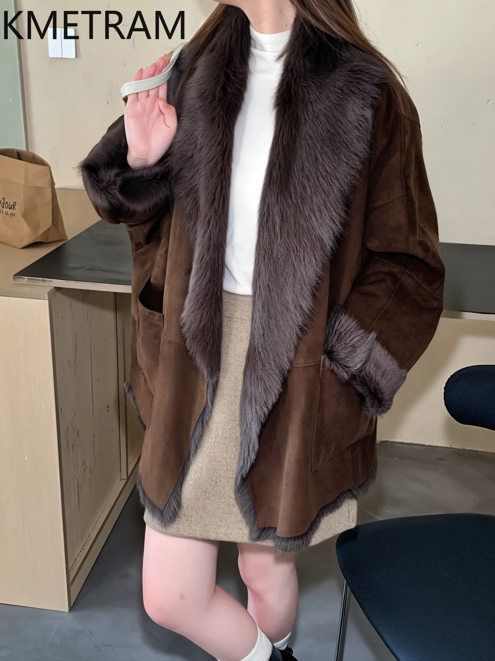 KMETRAM Natuurlijke geitenleer met wollen bevestigde jas Dames Luxe losse echt bontjassen 2025, nieuw in jassen Wintervrouwkleding