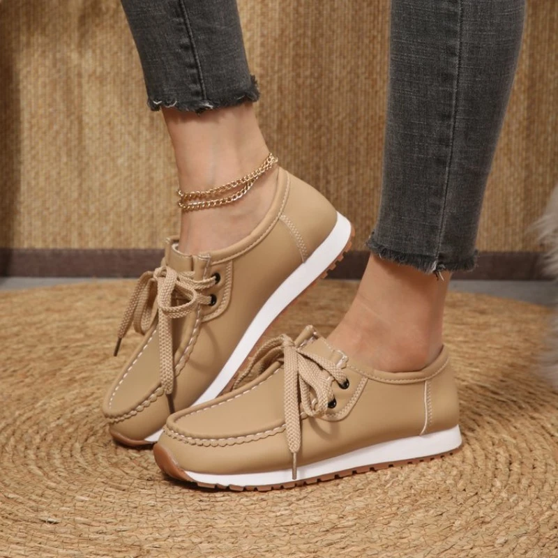 Casual Thick Heel Slip-On Women's Shoes Large Size Flat Bottom Lace-Up Leisure Loafers round Toe