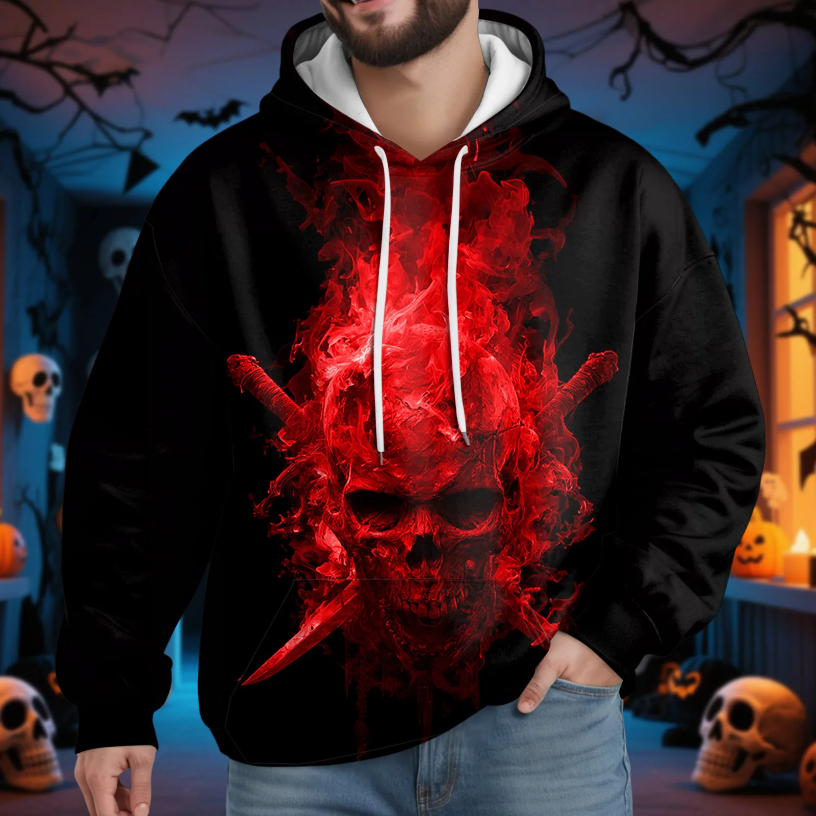 

Men's Hoodies 3D Printed Skull Sweatshirts Autumn Pullovers Drawstring Sportwear Long Sleeved Tops Street Graphic Men's Clothing