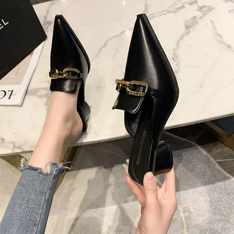 Temperament Pointed Toe Slippers Women 2022 Summer New Thick Heel Metal Chain Fashion High Heels Slippers Office Lady Slides