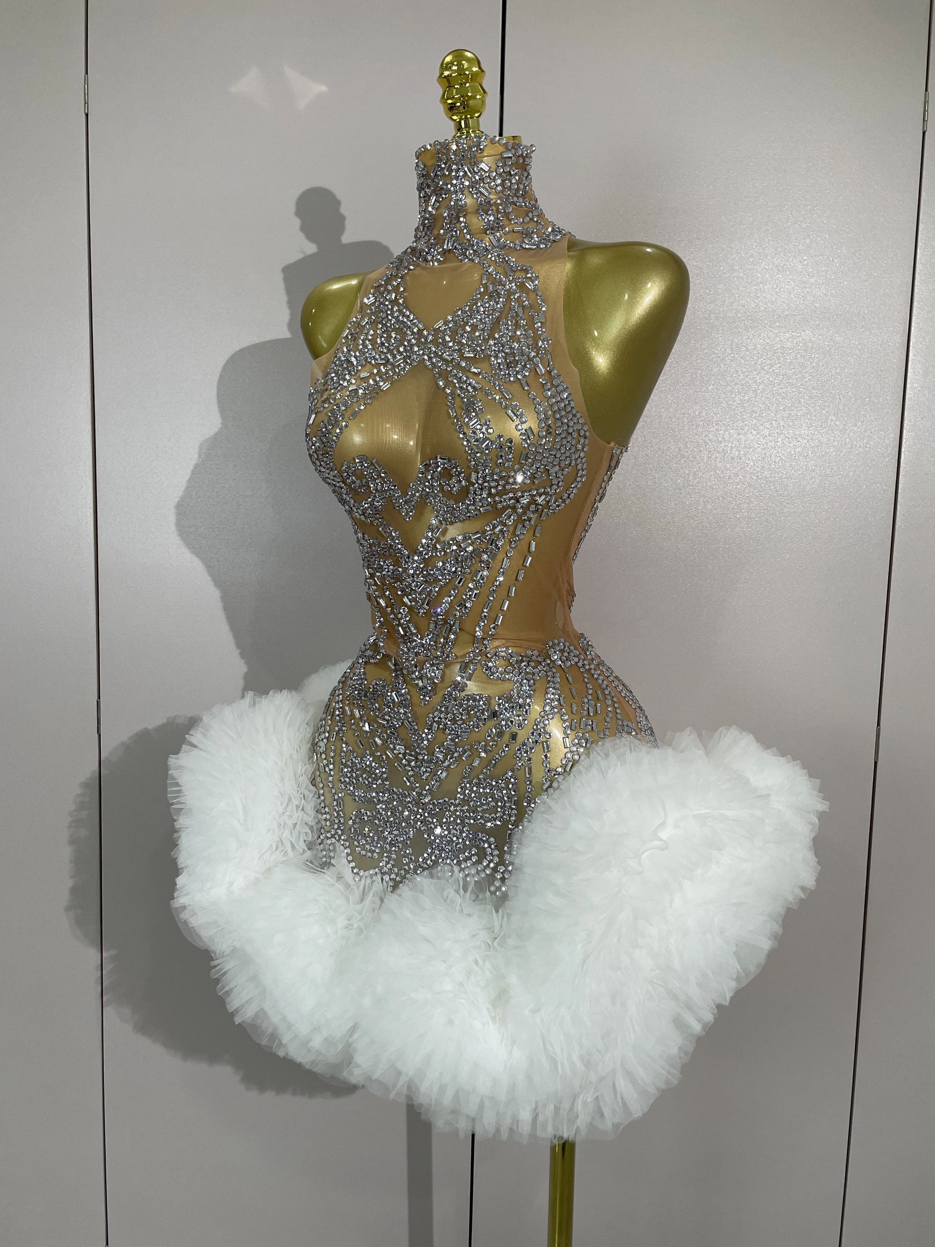 STOCK Diamonds Mesh Sexy See Through Cocktail Mini Dress Women Eveing Luxury Birthday Party Singer Nightclub Show Stage Costume
