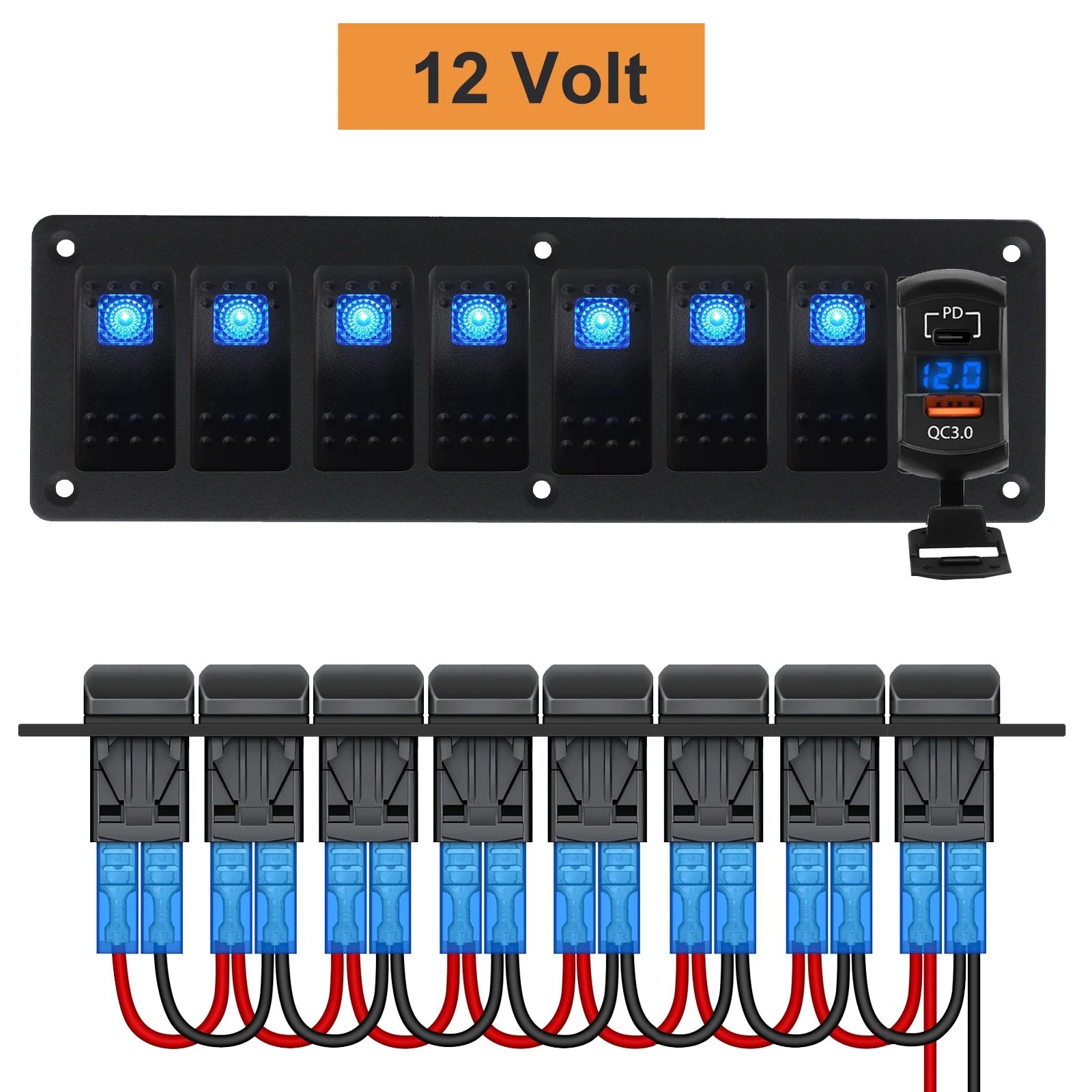 

8 Gang Rocker Switch Panel 12V/24V Blue LED 3PIN ON/Off Toggle Switches Dual USB Charger Socket Wired For Marine Boat Car Truck