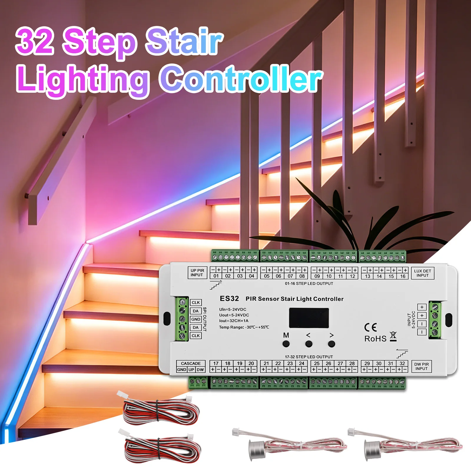 motion-sensor-led-stair-light-controller-32ch-single-color-2ch-rgb-pixel-spi-led-strip-controller-for-indoor-stairway-lighting