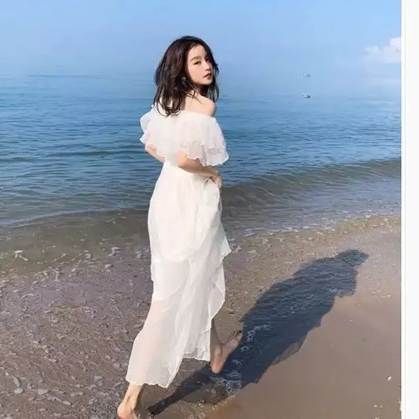 Verão branco chiffon longo dr feminino sle duas camadas princ vestido emagrecimento cintura alta plissado saia linha a