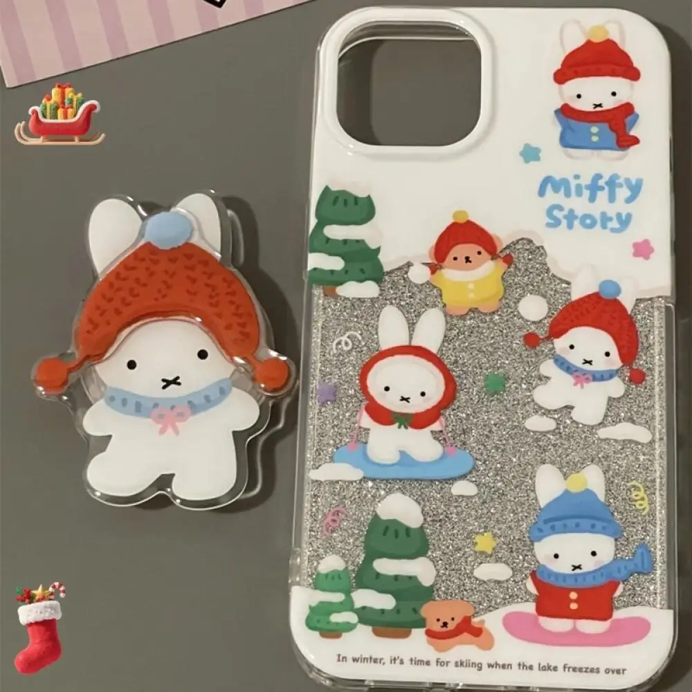 Miffy Winter Theme Phone Case & Stand Set - Cute Snow Bunny 3D Glitter Cover + Pop Socket, Kawaii Phone Accessory Gift