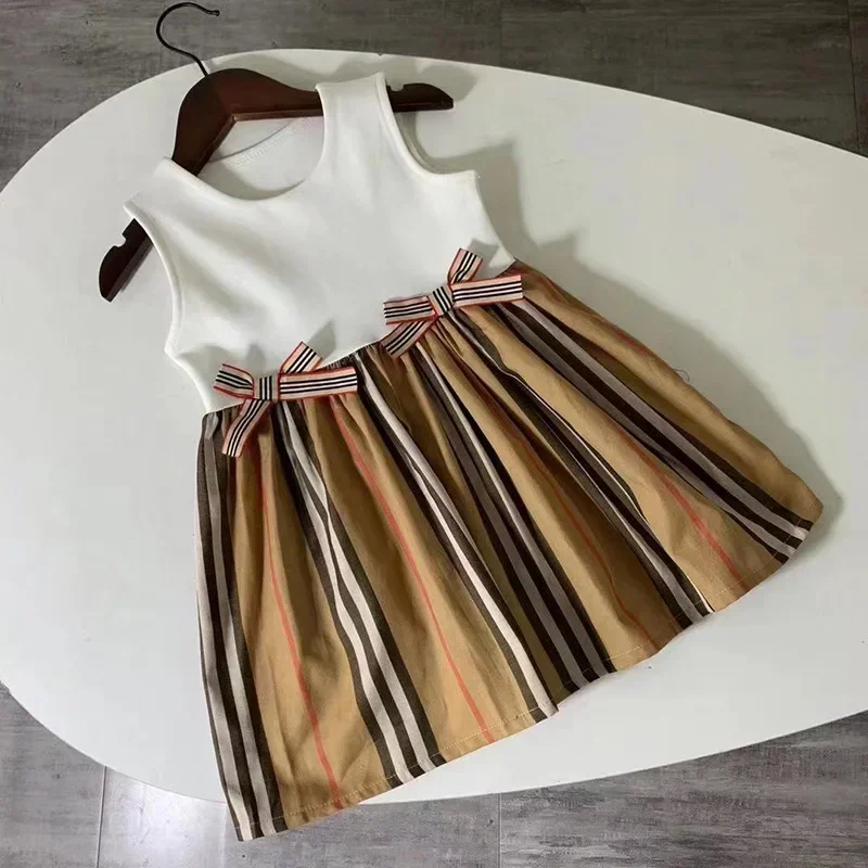 NEW T01 summer Fashion England Mattresses kids girls clothes Short sleeve stitching plaid striped baby girls princess dress