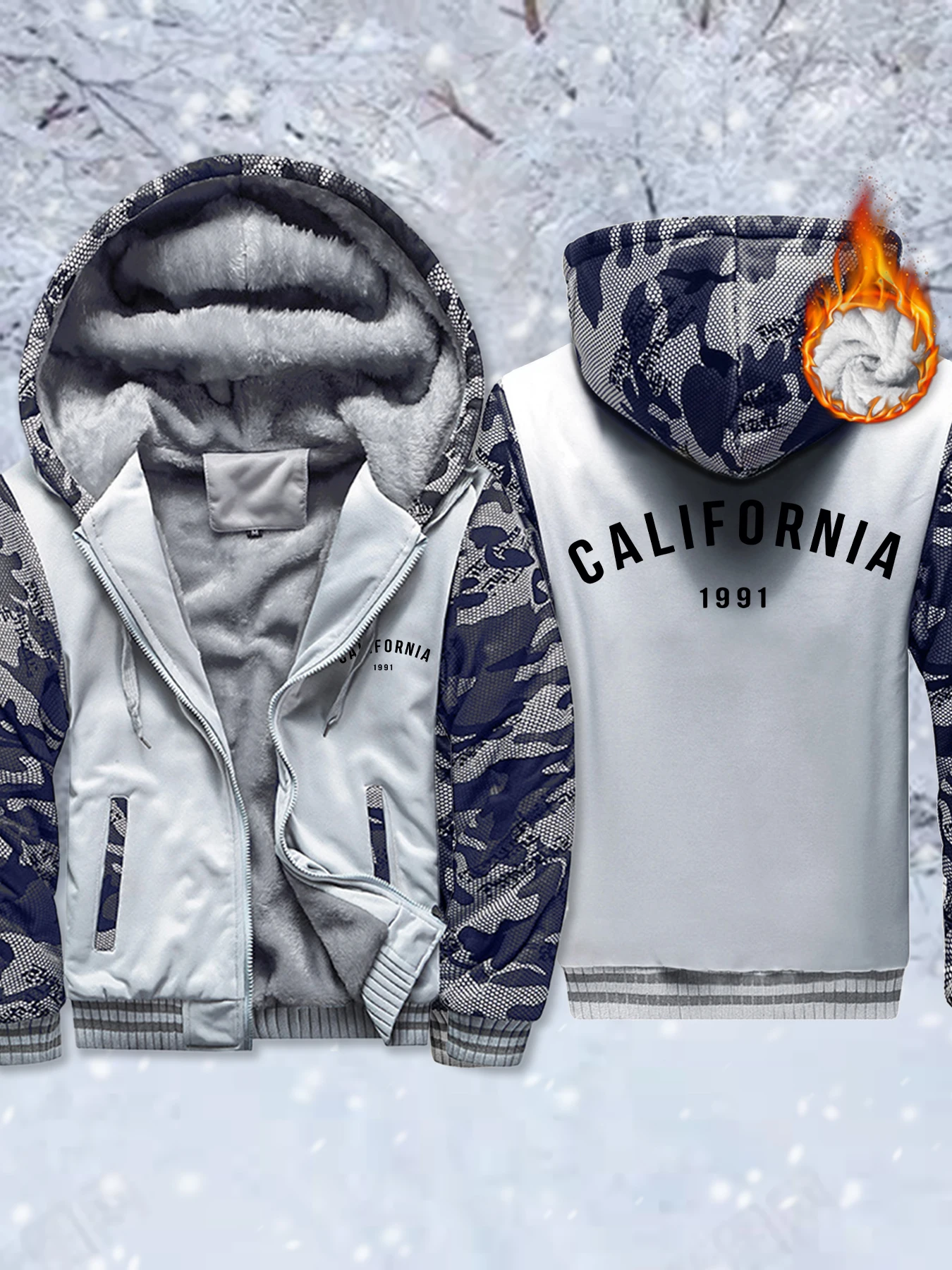 

Califirnia Letter 1991 Prints Winter Men Coat Warm Fleece Hoodie Casual Fashion Zipper Jackets Thick Heavyweight Soft Hoodies