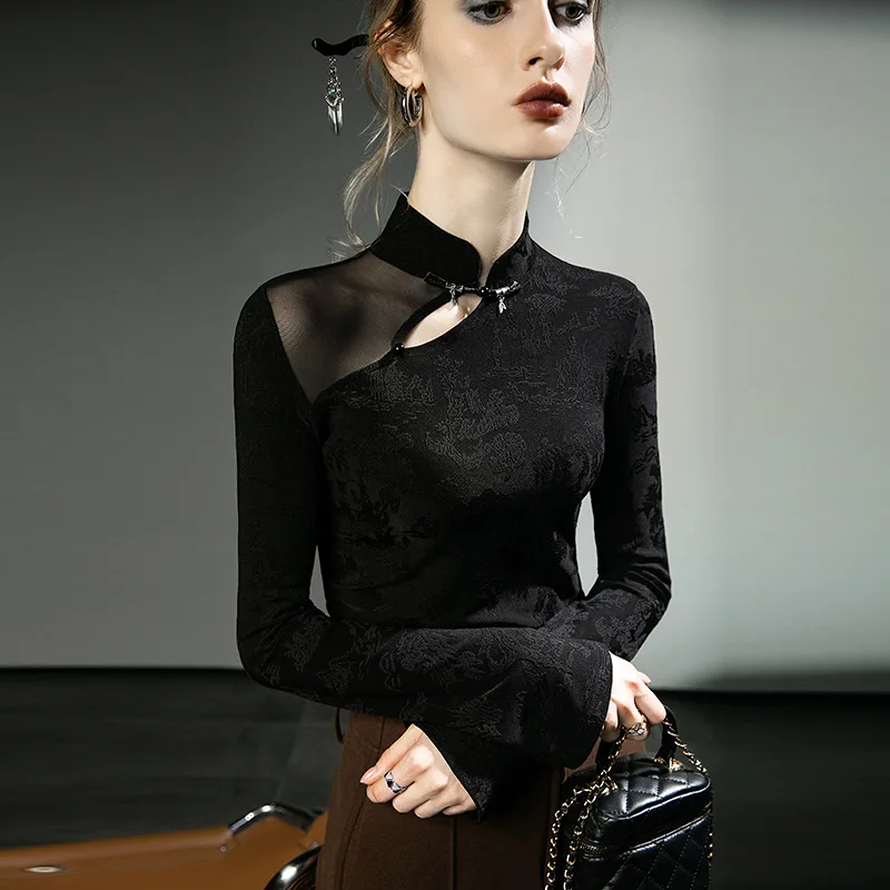 Black National Style Top Autumn and Winter New Patchwork Mesh Long Sleeve Temperament Base Slim Design Sense Small New